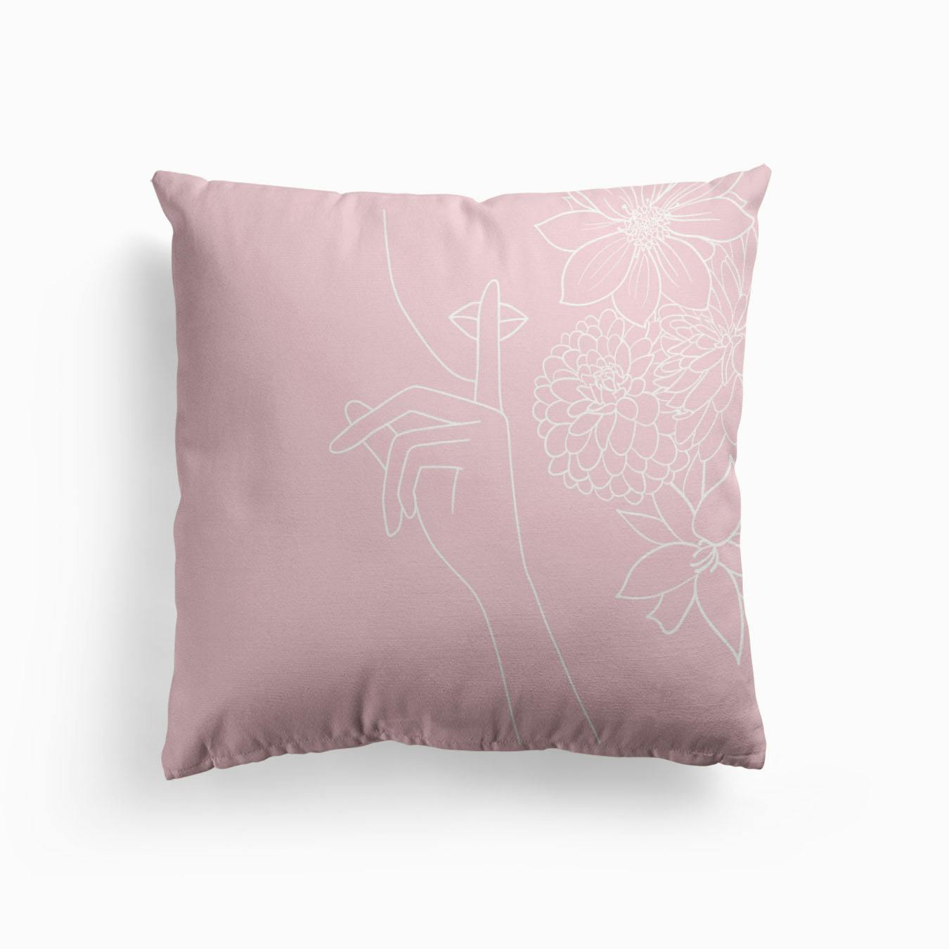 Pink Minimal Line Art Girl With Flowers Pink white decorative pillow, Girls